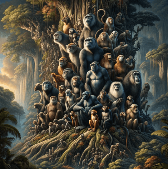 All types of primatologists standing together on a big tree.