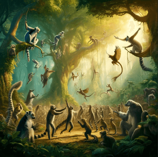 Different types of primates celebrating in jungle